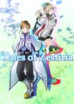  1boy 1girl alicia_(tales) alisha_diphda aqua_eyes armor belt boots breasts brown_hair cape capelet coat copyright_name earrings frills gauntlets gloves hair_ornament jewelry long_hair pants ribbon short_hair shorts side_ponytail slay_(tales) smile sorey_(tales) tales_of_(series) tales_of_zestiria 