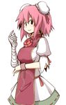  bandages blush breasts bun_cover cuffs double_bun flower ibaraki_kasen kumo_(atm) looking_at_viewer medium_breasts pink_hair pinky_out shackles short_hair short_sleeves smile solo standing touhou 