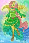  anthro arthropod blue_eyes boots breasts bubble butterfly cleavage clothed clothing dress equine female fluttershy_(mlp) friendship_is_magic green_theme hair horse insect mammal misukitty my_little_pony pegasus pink_hair pony solo standing vine vines water water_ripples wings 