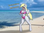  anthro backwards beach bikini blonde_hair blush breasts cleavage clothed clothing cloud cutie_mark derp_eyes derpy_hooves_(mlp) dialog english_text equine female friendship_is_magic hair horse jrvanesbroek mammal my_little_pony navel outside pegasus pony sea seaside sky solo standing swimsuit text water wings yellow_eyes 