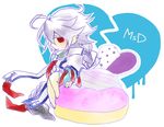  ahoge bad_id bad_pixiv_id blazblue bodysuit cape doughnut food highres nu-13 shama silver_hair 