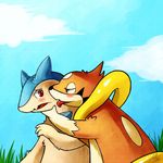  blue_eyes blush buizel duo feral floatzel grass licking nervous nintendo pok&#233;mon pok&eacute;mon red_eyes rikuaoshi saliva sky tongue typhlosion video_games 