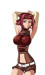  armpits arms_up belt blue_eyes breasts code_geass detached_sleeves headband impossible_clothes kallen_stadtfeld large_breasts light_smile morganagod navel navel_cutout red_hair short_hair shorts solo transparent_background 