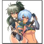  2girls :q armor artist_request blue_hair blush breasts clenched_teeth echidna green_hair grey_hair hobby_japan irma licking_lips lip_licking long_hair lost_worlds lowres multicolored_hair multiple_girls navel pink_eyes ponytail queen&#039;s_blade queen's_blade red_eyes short_hair teeth tongue tongue_out two-tone_hair underboob wrist_grab yuri 