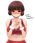  bangs blunt_bangs blush breasts brown_hair cheerleader cleavage crop_top english full-face_blush isabeau_(smt) large_breasts looking_at_viewer midriff nail_polish naso4 navel red_eyes shin_megami_tensei shin_megami_tensei_iv shiny shiny_skin shirt short_hair simple_background solo taut_clothes taut_shirt tears white_background 