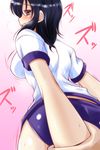  arm_grab arm_held_back black_hair blush bouncing_breasts breasts buruma gradient gradient_background green_eyes gym_uniform heavy_breathing highres implied_sex large_breasts nishi_koutarou open_mouth original out_of_frame perspective pov pov_hands shirt short_sleeves sweat wrist_grab 