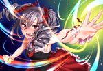  dress drill_hair eyelashes fingernails frills grey_hair highres idolmaster idolmaster_cinderella_girls kanzaki_ranko lips necktie open_mouth outstretched_hand red_eyes ribbon shoukaki_(earthean) silver_hair solo star 