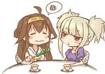 ahoge aoki_hagane_no_arpeggio bare_shoulders bell_pepper blonde_hair blush blush_stickers brown_hair chibi crossover cup double_bun dress hair_ornament hairband imazon kantai_collection kongou_(aoki_hagane_no_arpeggio) kongou_(kantai_collection) lipstick long_hair makeup multiple_girls namesake nontraditional_miko open_mouth pepper puffy_short_sleeves puffy_sleeves purple_eyes short_sleeves sitting spoken_squiggle squiggle tea teacup wavy_mouth 