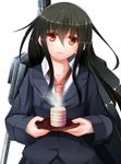  black_hair blazer blush cannon collarbone cup fuuki_(te_fuukin) hatsushimo_(kantai_collection) holding jacket kantai_collection long_hair looking_at_viewer necktie parted_lips red_eyes saucer school_uniform simple_background solo tea white_background yunomi 