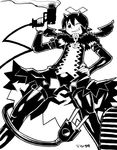  bad_id bad_tumblr_id boots bridal_gauntlets denshi_yuugi_mokushiroku electric_plug flat_chest greyscale grin gun hand_on_hip matsuda_yuusuke mini_wings monochrome one_eye_closed short_hair showgirl_skirt smile smoke smoking_gun solo teiru_(denshi_yuugi_mokushiroku) thigh_boots thighhighs weapon wings 