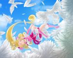  aida_mana boots bow cure_heart day dokidoki!_precure long_hair peaceyj pink_bow pink_footwear pink_sleeves precure sky solo very_long_hair wings 