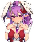  ahoge alternate_color animal_ears bad_id bad_pixiv_id bare_shoulders blush breast_mousepad breasts bunny_ears demon_girl demon_horns detached_collar earrings flower gem hair_flower hair_ornament horns jewelry lilim_rimiru long_hair medium_breasts mel/a mousepad pendant pointy_ears ponytail purple_eyes purple_hair rose shingeki_no_bahamut slit_pupils smile solo steepled_fingers wristband 