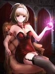  armchair bad_id bad_pixiv_id bare_shoulders blonde_hair breasts chair cleavage cup cupping_glass detached_collar garter_straps looking_at_viewer medium_breasts original red_eyes rorona_s. short_hair sitting solo thighhighs tiara 
