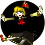  ascot black_skirt blonde_hair bobby_socks closed_eyes fading hair_ribbon justin_hsu leaning_forward long_sleeves mary_janes outside_border outstretched_arms palms red_footwear ribbon round_image rumia rumia_(darkness) shoes short_hair simple_background skirt socks solo touhou 