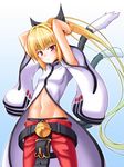  arms_up bell blazblue blonde_hair blush bracelet cat_tail cosplay hair_ribbon highres jewelry kokonoe kokonoe_(cosplay) long_hair multiple_tails navel panties pants ponytail rachel_alucard red_eyes red_pants ribbon slavedoll solo tail underwear 