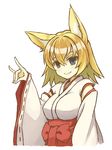  animal_ears blonde_hair blue_eyes blush breasts fang fox_ears fox_shadow_puppet hakama japanese_clothes large_breasts looking_at_viewer miko original red_hakama ribbon-trimmed_sleeves ribbon_trim senhappyaku short_hair simple_background smile solo white_background 