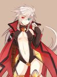  ahoge alpha-01 bare_shoulders blazblue boots breasts bridal_gauntlets cape center_opening cleavage contrapposto crotch_plate elbow_gloves genderswap genderswap_(mtf) gloves green_eyes heterochromia long_hair medium_breasts midriff ragna_the_bloodedge red_eyes revealing_clothes silver_hair solo standing thigh_boots thighhighs tomo_(tomorag7) very_long_hair 