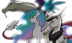  absurd_res black_hair claws crossbreed cutie_mark discord_(mlp) draconequus equine friendship_is_magic fur group hair hi_res horn horse hybrid kilala97 male mammal my_little_pony original_character plain_background pony prince_illusion princess_celestia_(mlp) smile winged_unicorn wings 