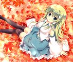  autumn_leaves azumi_kazuki black_legwear blue_eyes detached_sleeves frog_hair_ornament green_hair hair_ornament kochiya_sanae long_hair long_sleeves looking_at_viewer over-kneehighs shirt sitting skirt snake_hair_ornament solo thighhighs touhou very_long_hair wide_sleeves zettai_ryouiki 