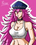  blue_hair borockman breasts cleavage collar final_fight hat lipstick long_hair makeup navel pink_hair poison_(final_fight) puckered_lips sword tank_top taut_clothes weapon 