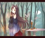  animal_ears bare_shoulders bird bow brooch brown_hair candle cloud cloudy_sky dress forest half_moon hanauranaishi imaizumi_kagerou inkwell jewelry layered_dress letterboxed light_smile long_hair looking_at_viewer moon nature neck_ribbon night outdoors paper quill red_eyes ribbon sideways_glance sky solo table touhou wolf_ears 