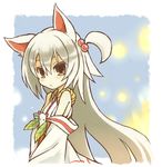  animal_ears bare_shoulders blush border brown_eyes detached_sleeves fox_ears hair_bobbles hair_ornament japanese_clothes leaf long_hair looking_at_viewer one_side_up original ponytail rope senhappyaku short_ponytail solo white_hair 