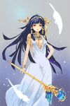  bare_shoulders black_hair blue_eyes breasts cleavage egyptian hairband headdress isis_(p&amp;d) jewelry long_hair medium_breasts nove_(legge) puzzle_&amp;_dragons solo staff 
