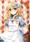  alice_(wonderland) alice_in_wonderland apron basket blonde_hair blue_eyes blush bow dress flower hair_bow highres long_hair puracotte rose smile solo 