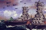  aircraft aircraft_carrier airplane battleship cloud commentary_request emblem flag foreshortening imperial_japanese_navy kikumon military military_vehicle musashi_(battleship) no_humans ocean original rising_sun shinano_(aircraft_carrier) ship sky sunburst turret warship water watercraft world_war_ii yamato_(battleship) yuya 