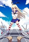  blonde_hair blue_eyes blush boots cloud crossed_arms day elbow_gloves ereraero gloves grey_footwear gunbuster_pose hairband kantai_collection lifebuoy long_hair navel rensouhou-chan sailor_collar shimakaze_(kantai_collection) skirt sky solo striped striped_legwear thighhighs wind 