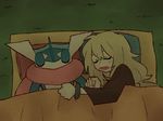  1girl bed blonde_hair greninja long_hair nintendo no_hat pillow pokemon pokemon_(game) pokemon_xy serena_(pokemon) shiwo_(siwosi) sleeping wristband 