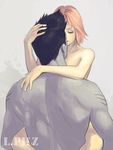  1girl akatsuki_(naruto) back blue_hair blue_skin closed_eyes forehead_protector haruno_sakura hetero highres hoshigaki_kisame lpilz naruto_(series) naruto_shippuuden nude pink_hair short_hair straddling watermark 