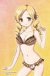  2013 blonde_hair bra breasts cleavage dated drill_hair hair_ornament lingerie looking_at_viewer mahou_shoujo_madoka_magica medium_breasts navel panties signature smile solo tomoe_mami touyama_maki twin_drills twintails twitter_username underwear underwear_only yellow_eyes 