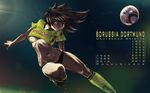  artist_request ball borussia_dortmund breasts brown_hair bundesliga dirt dirty_clothes german grass green_eyes large_breasts navel soccer soccer_ball soccer_uniform solo sportswear teeth thighs translated underboob 