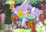  2girls alternate_breast_size animal bear blue_hair breasts bunny character_request cleavage closed_eyes forest gigantic_breasts green_skin impa jewelry link long_hair matsu-sensei multiple_boys multiple_girls nature nayru neck_ring pantyhose ralph_(the_legend_of_zelda) sandals the_legend_of_zelda the_legend_of_zelda:_oracle_of_ages tiara tree_stump white_legwear wolf 