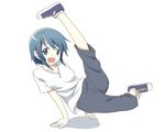  :d blue_eyes blue_hair breakdance casual converse mahou_shoujo_madoka_magica mahou_shoujo_madoka_magica_movie miki_sayaka nekotama_(tsuki) open_mouth pants shirt shoes short_hair simple_background smile sneakers solo t-shirt white_background 