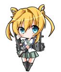  :o abukuma_(kantai_collection) backpack bag blonde_hair blue_eyes blush cannon chagga_(hukagcho410) chibi double_bun full_body green_skirt hair_rings kantai_collection looking_at_viewer machinery parted_lips pleated_skirt sailor_collar school_uniform serafuku shirt short_hair simple_background skirt solo standing tareme turret twintails white_background white_shirt 