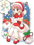  bag belt blue_eyes blush blush_stickers carrot christmas dress gloves handbag hat holly long_hair map mizuno_mumomo original outline pantyhose pink_hair red_gloves sack santa_costume santa_hat shadow shoes sitting snow_bunny snowman solo squiggle thought_bubble twintails 