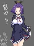  gloves grey_background headgear ishimu kantai_collection mechanical_halo multiple_girls parted_lips purple_eyes purple_hair school_uniform short_hair skirt solo_focus tatsuta_(kantai_collection) tenryuu_(kantai_collection) 