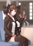  black_legwear breasts brown_hair cable chieka chocolate collarbone digital_media_player food food_on_face hair_ribbon headphones highres hsuliherng jacket large_breasts long_hair looking_at_viewer original pleated_skirt red_eyes reflection ribbon school_uniform sitting skirt solo thighhighs train_interior twintails window 