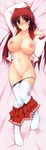  absurdres bed bed_sheet black_panties blush breasts brown_eyes collarbone dakimakura from_above full-face_blush full_body highres huge_filesize knees_together_feet_apart kousaka_tamaki large_breasts legs long_hair looking_at_viewer navel nipples on_bed panties panty_pull red_hair school_uniform shiny shiny_skin skirt skirt_pull solo thigh_gap thighhighs to_heart_2 underwear white_legwear zekkyon 