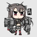  black_hair black_legwear blush_stickers boots cannon character_name chibi frown full_body grey_background hands_on_hips jpeg_artifacts kantai_collection long_hair lowres mecha_musume midriff nagato_(kantai_collection) navel pleated_skirt red_eyes serious shokuyou_pants simple_background skirt solo thighhighs 