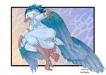  archaeopteryx avian beak blue_feathers breasts butt dinosaur feathers female fur jewelry looking_at_viewer redraptor16 scalie solo teryx tuft wings yellow_sclera 