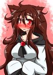  animal_ears blush breasts brooch brown_hair commentary fang flying_sweatdrops imaizumi_kagerou jewelry large_breasts long_hair long_sleeves looking_at_viewer oversized_clothes red_eyes rindou_(p41neko) shirt skirt sleeves_past_fingers sleeves_past_wrists solo tail touhou upper_body very_long_hair wide_sleeves wolf_ears wolf_tail 