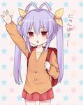  antenna_hair arm_up backpack bad_id bad_pixiv_id bag blush hair_ribbon lavender_hair long_hair miyauchi_renge non_non_biyori nyanpassu~ orange_shirt randoseru red_eyes ribbon shirt skirt solo translated triangle_mouth tsukikage_nemu twintails waving 