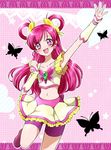  bike_shorts blush boots crop_top cure_dream earrings eyelashes hair_ornament hair_ribbon hair_rings half_updo happy highres jewelry jumping kagami_chihiro long_hair looking_at_viewer magical_girl midriff navel open_mouth pink pink_background pink_eyes pink_hair pink_shorts precure ribbon shiny shiny_skin shirt shorts shorts_under_skirt skirt smile solo yes!_precure_5 yumehara_nozomi 