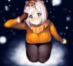  blue_eyes breasts dskn female gloves huge_breasts looking_at_viewer original seiza sitting snow snowing solo sweater white_hair 