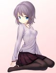  black_legwear blue_eyes breasts gradient gradient_background lace lace-trimmed_shirt lace-trimmed_skirt original pantyhose pleated_skirt purple_hair shirt short_hair sitting skirt sleeves_past_wrists small_breasts solo wariza zizi_(zz22) 