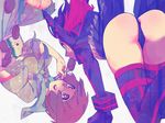  ass black_hair black_panties blue_eyes boots brown_eyes brown_hair chopsticks croquette elbow_gloves falling feeding food gloves highres kill_la_kill kotoba_yui mankanshoku_mako matoi_ryuuko multicolored_hair multiple_girls panties red_hair school_uniform senketsu serafuku short_hair sweatdrop thigh_boots thighhighs two-tone_hair underwear upside-down 