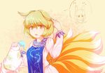  animal_ears blonde_hair breasts dress fox_ears fox_tail furim hat hat_removed headwear_removed holding holding_ears holding_hat long_sleeves looking_at_viewer medium_breasts multiple_tails ofuda open_mouth short_hair simple_background slit_pupils solo speech_bubble tabard tail tan_background touhou yakumo_ran yellow_eyes 